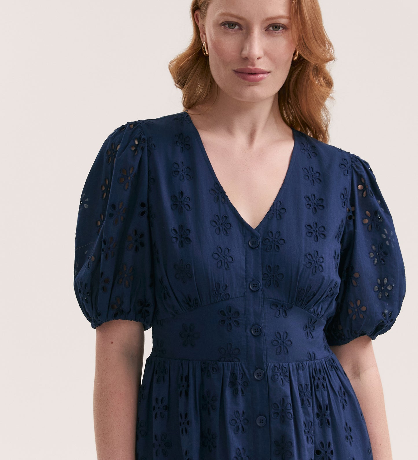 Una Embroidered Cotton Navy Midi Tea Dress