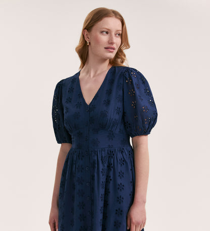 Una Embroidered Cotton Navy Midi Tea Dress