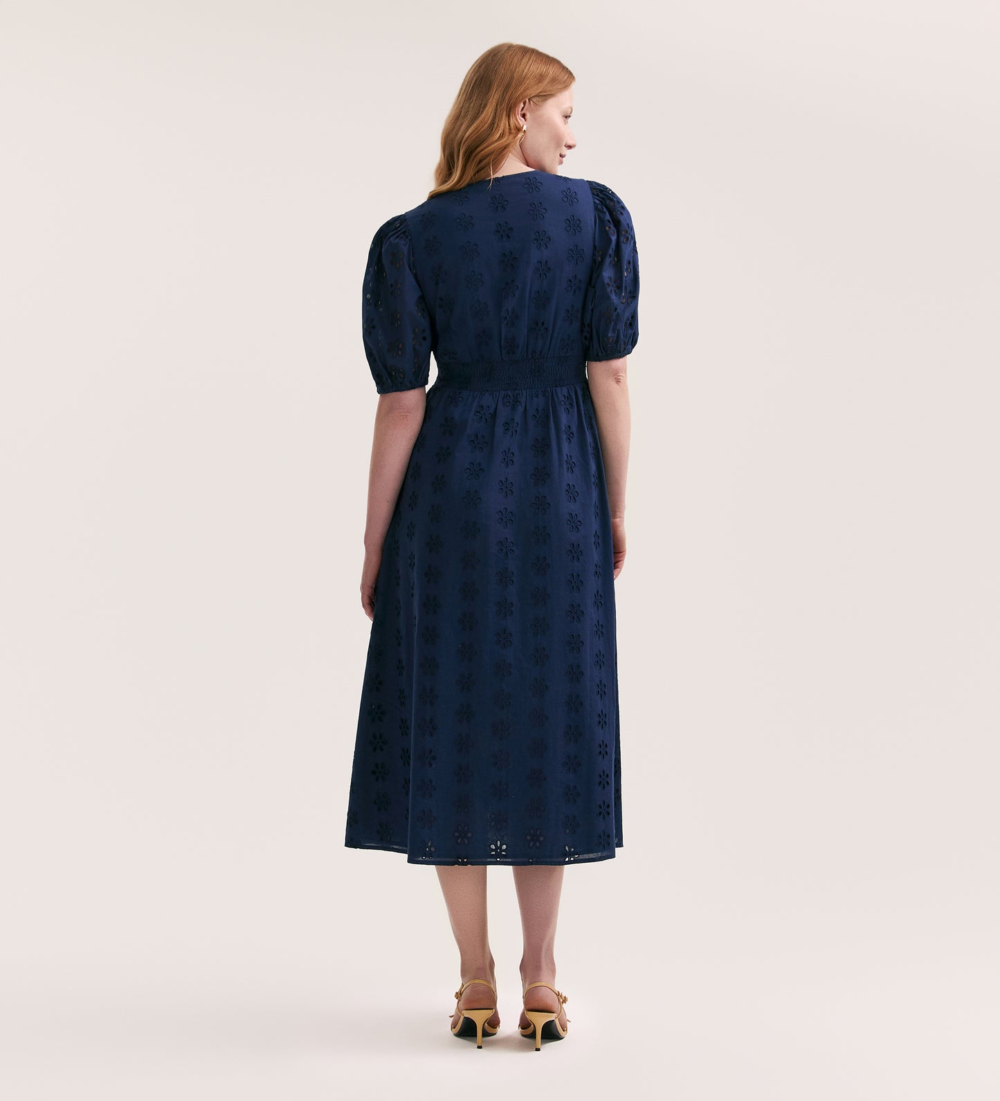 Una Embroidered Cotton Navy Midi Tea Dress