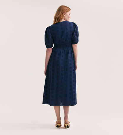 Una Embroidered Cotton Navy Midi Tea Dress