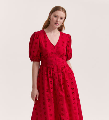 Una Embroidered Cotton Red Midi Tea Dress