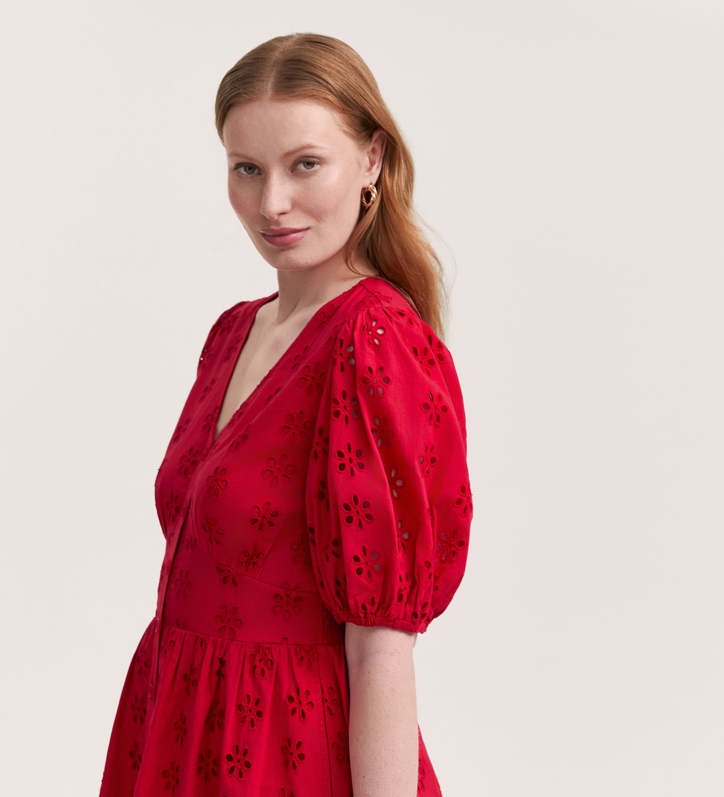 Una Embroidered Cotton Red Midi Tea Dress