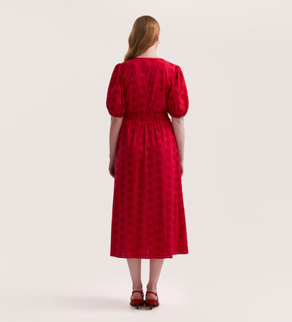 Una Embroidered Cotton Red Midi Tea Dress