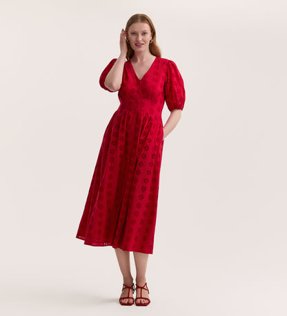 Una Embroidered Cotton Red Midi Tea Dress