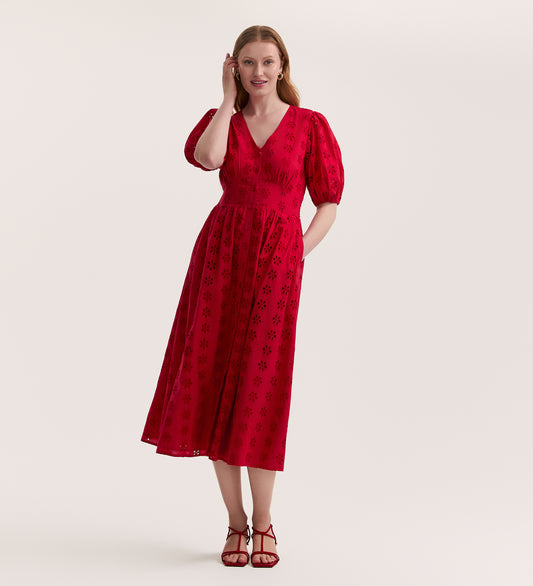 Una Embroidered Cotton Red Midi Tea Dress