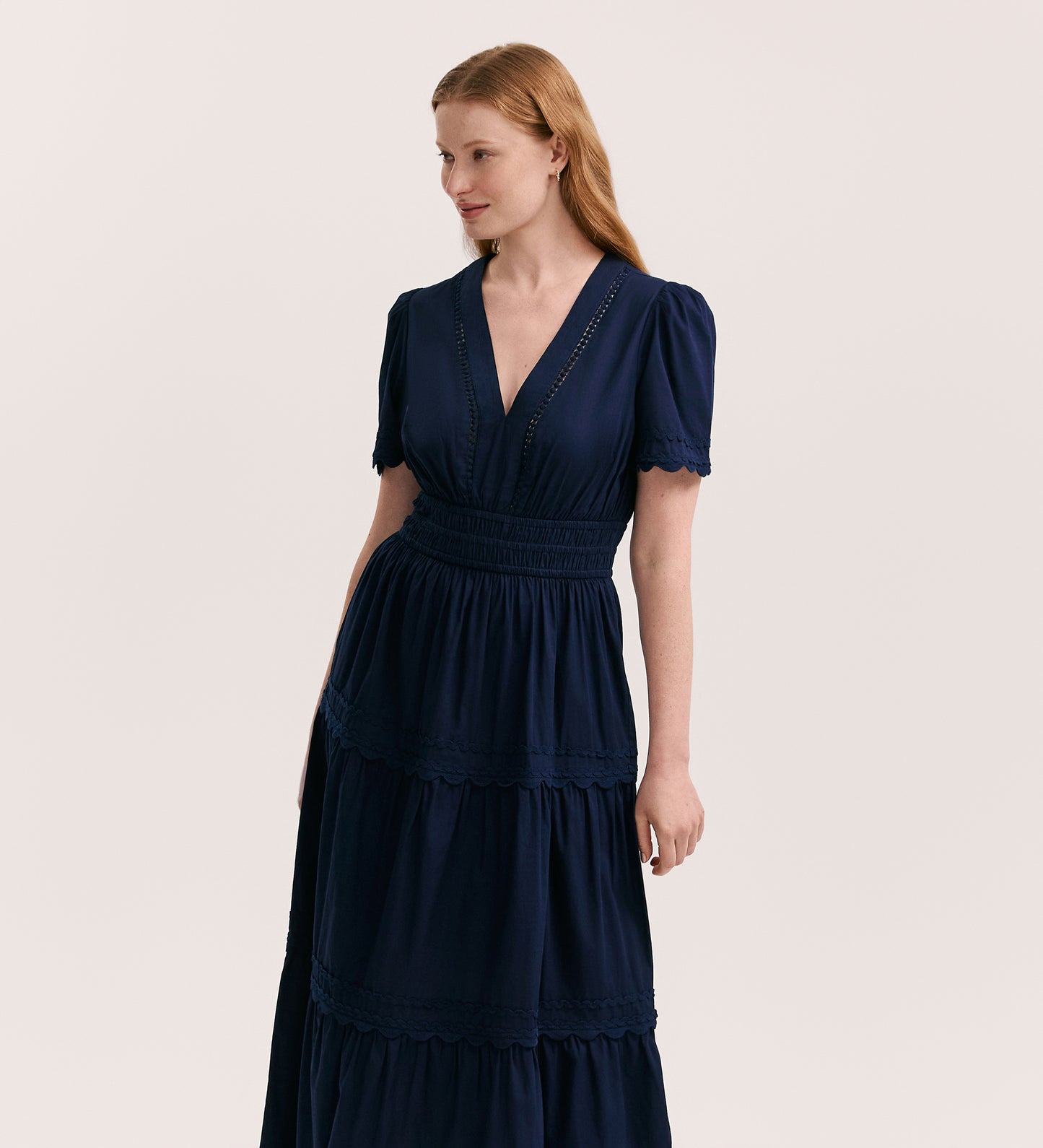 Wren Navy Cotton Midi Tiered Dress