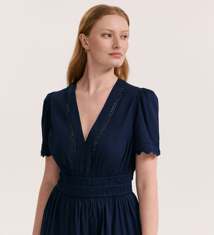 Wren Navy Cotton Midi Tiered Dress