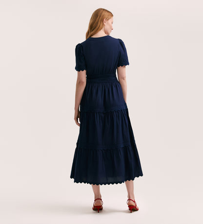 Wren Navy Cotton Midi Tiered Dress