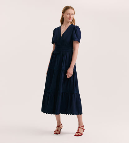 Wren Navy Cotton Midi Tiered Dress