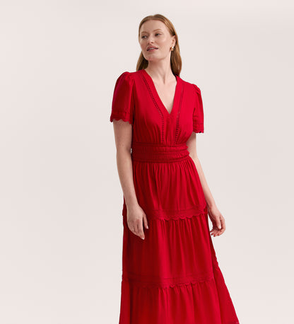 Wren Red Cotton Midi Tiered Dress