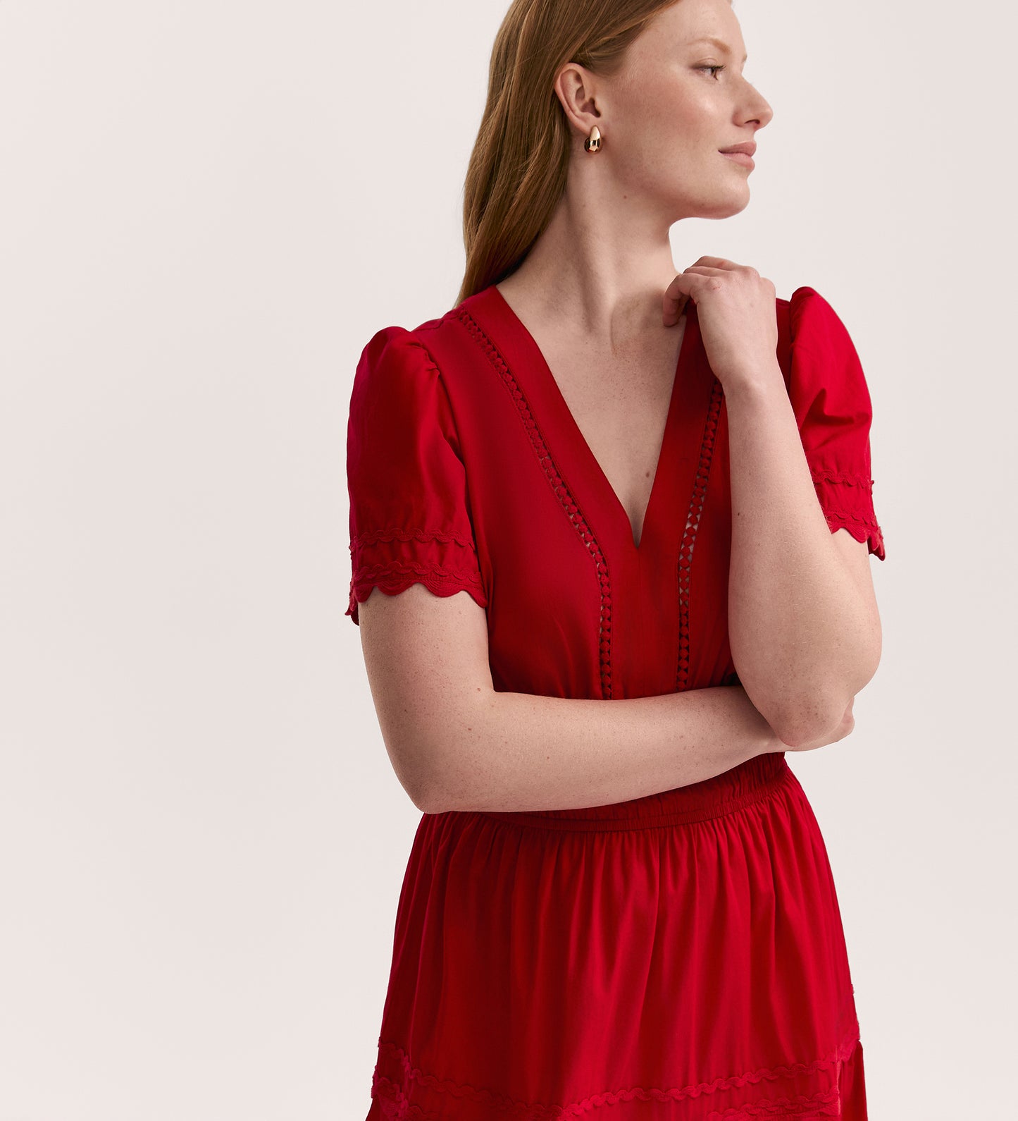 Wren Red Cotton Midi Tiered Dress