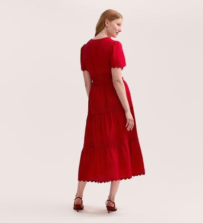 Wren Red Cotton Midi Tiered Dress