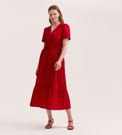 Wren Red Cotton Midi Tiered Dress