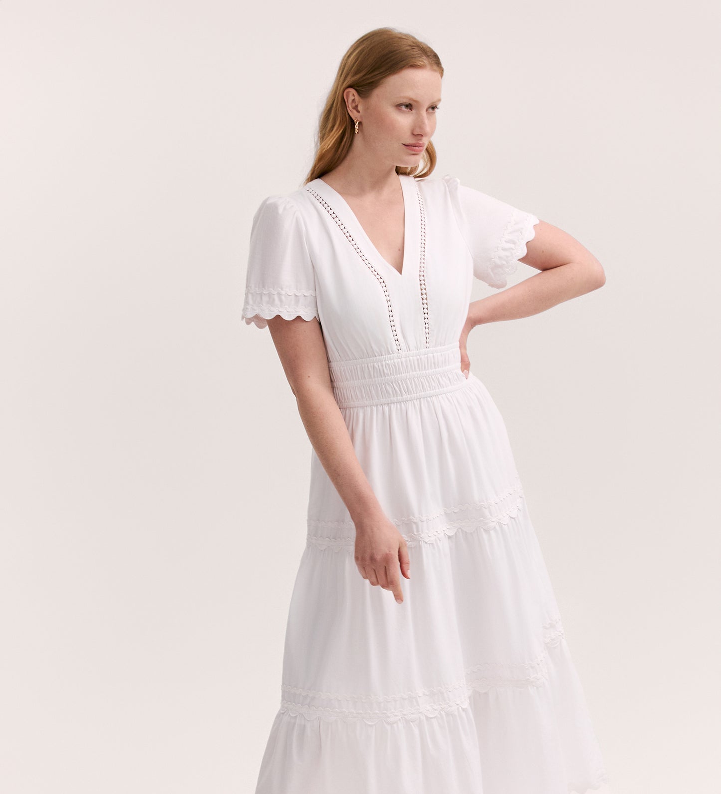 Wren White Cotton Midi Tiered Dress