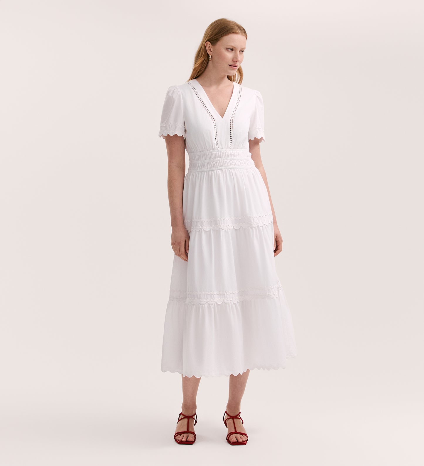 Wren White Cotton Midi Tiered Dress