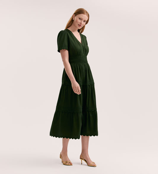 Wren Dark Khaki Cotton Midi Tiered Dress