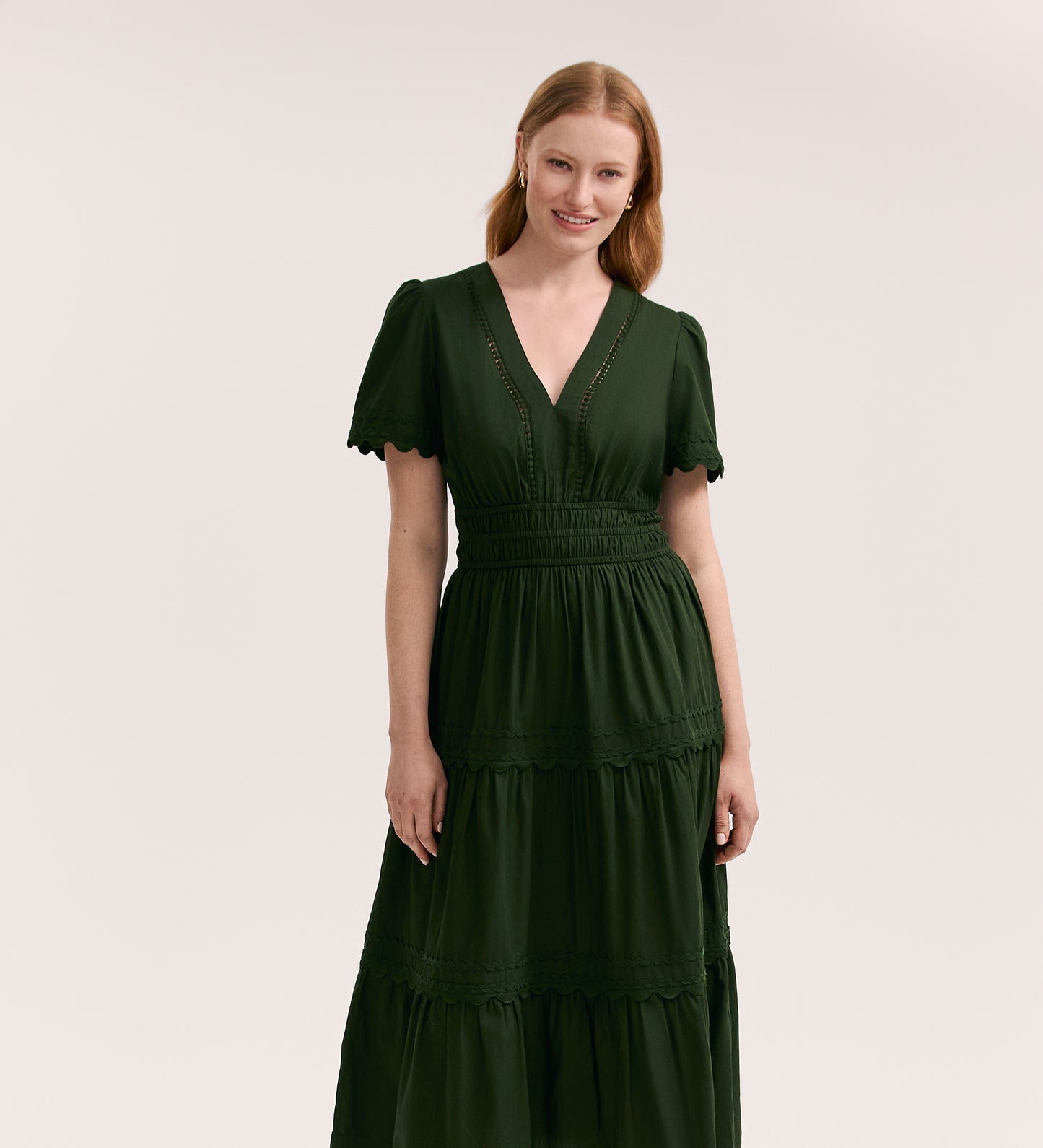 Wren Dark Khaki Cotton Midi Tiered Dress