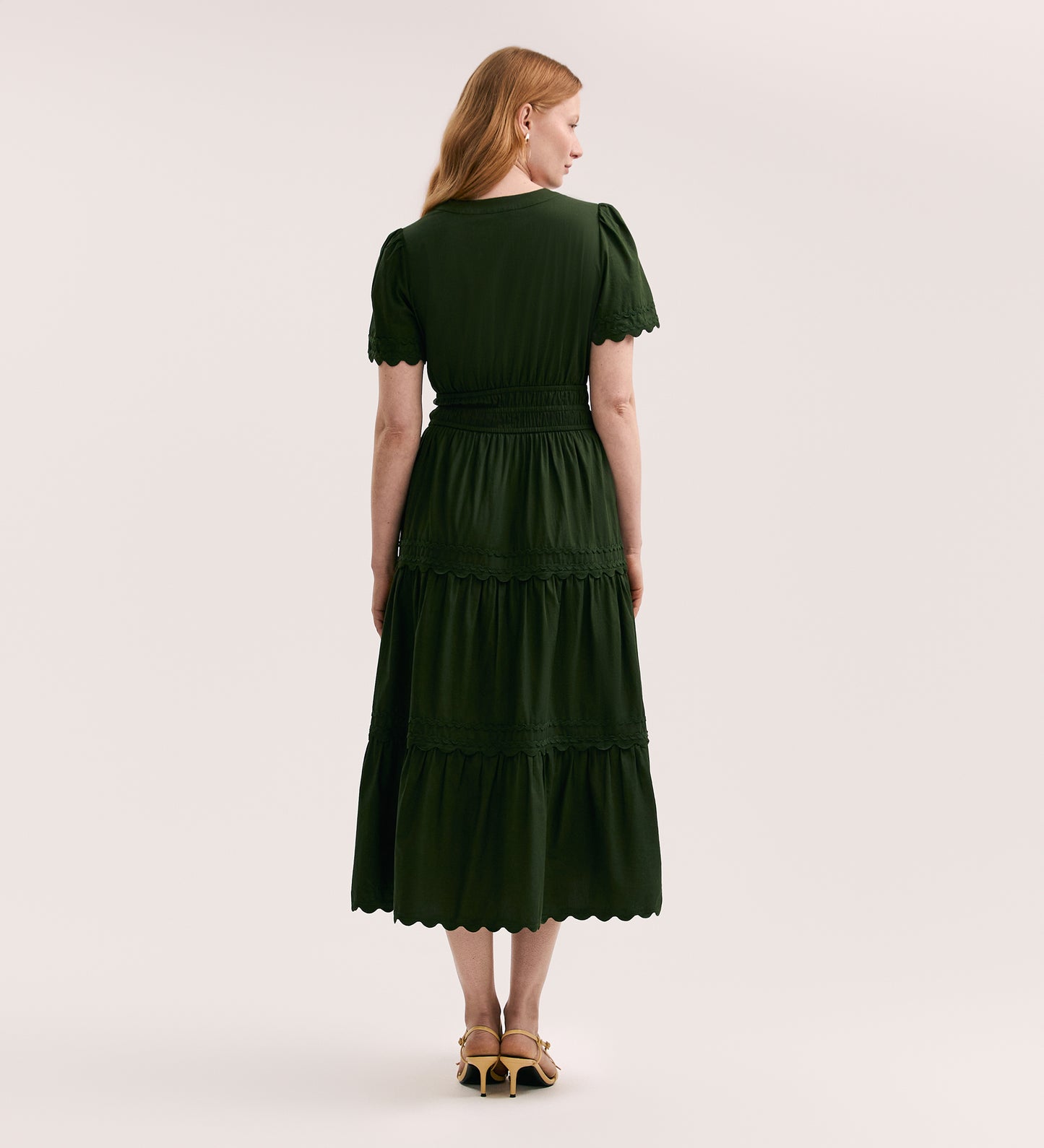 Wren Dark Khaki Cotton Midi Tiered Dress